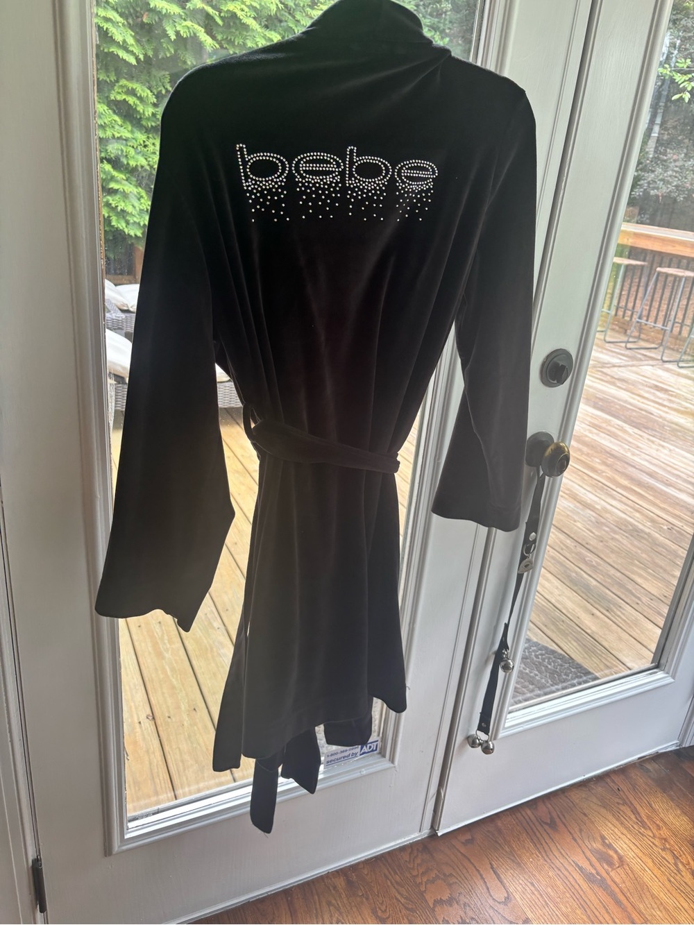 BEBE Sleepwear Black Knit Robe Rhinestone Logo 3/4 Sleeves Belted Size Medium